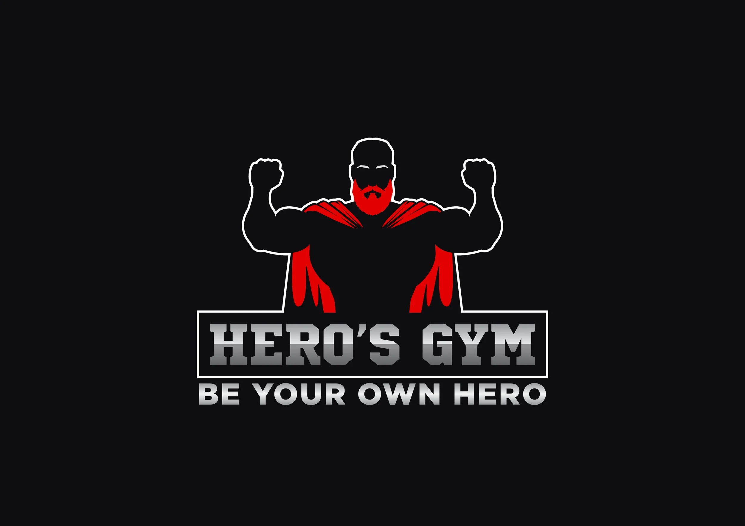 A muscular superhero figure with a red beard, flexing arms, wearing a red cape on a black background, with the text 'Hero's Gym' and 'Be Your Own Hero' below.
