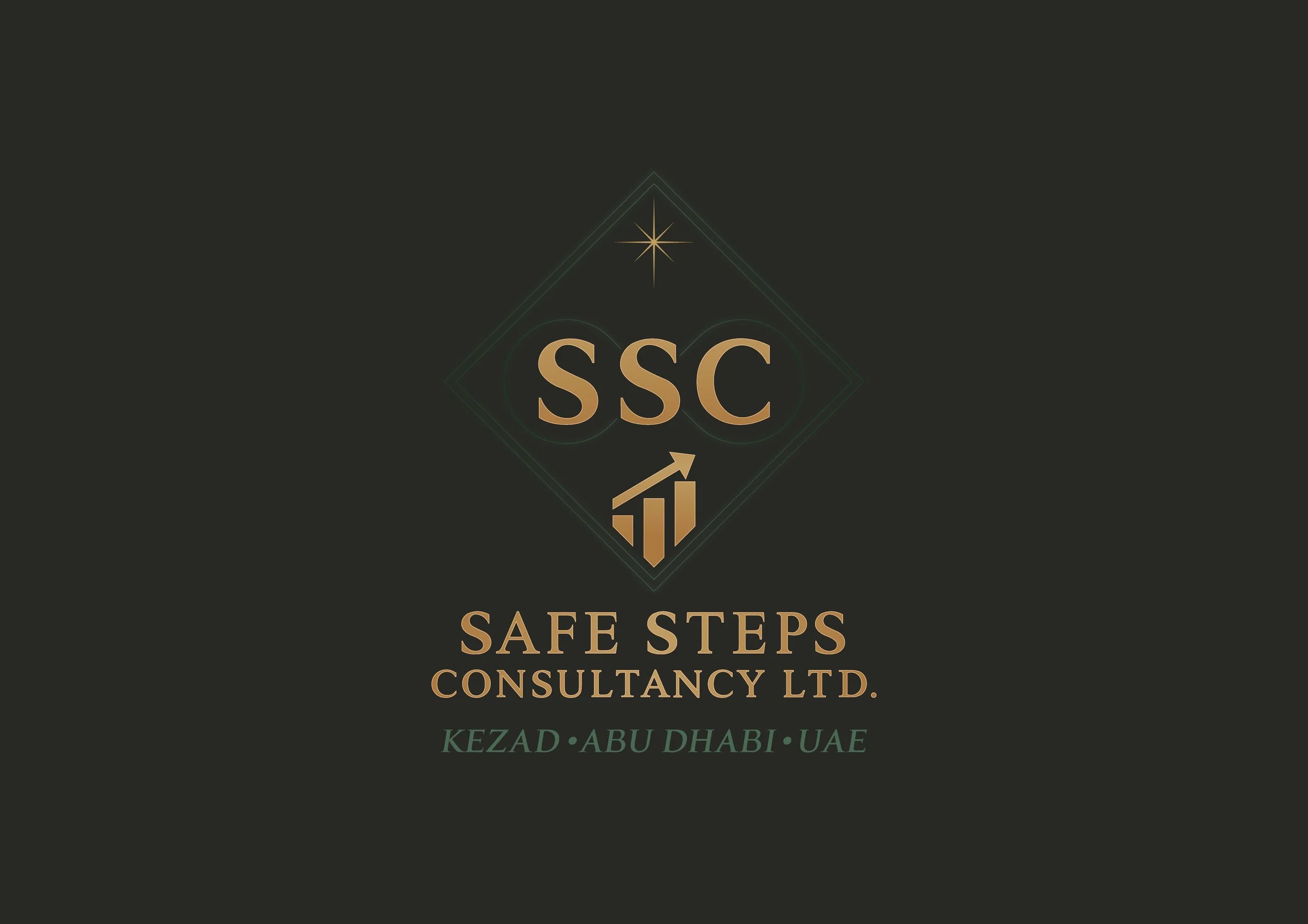 Logo for SAFE STEPS Consultancy Ltd., featuring the initials SSC, a rising arrow graph, and a star, with location KEZAD, ABU DHABI, UAE.