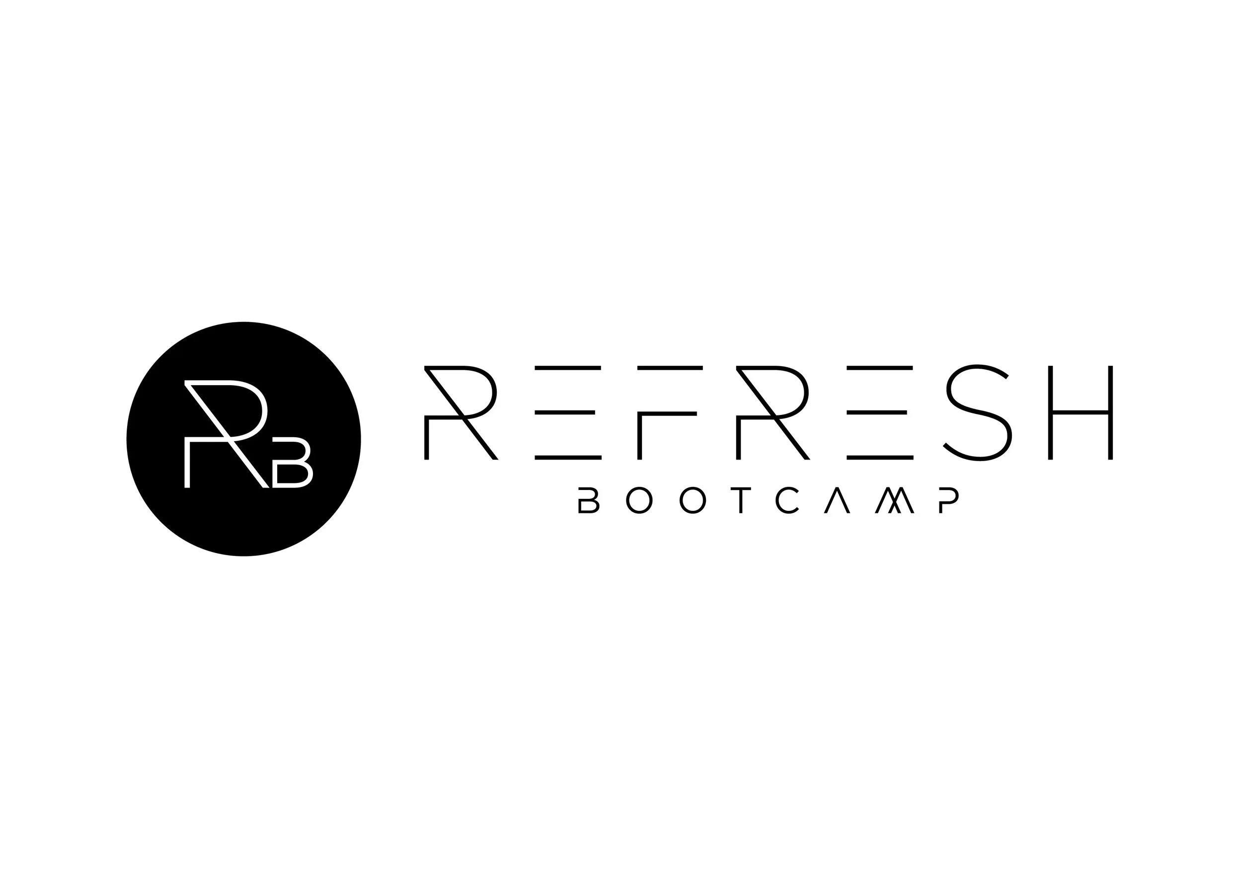Logo for Refresh Bootcamp featuring a black circle with white initials 'RB' and the text 'REFRESH BOOTCAMP' in stylized black font underneath.