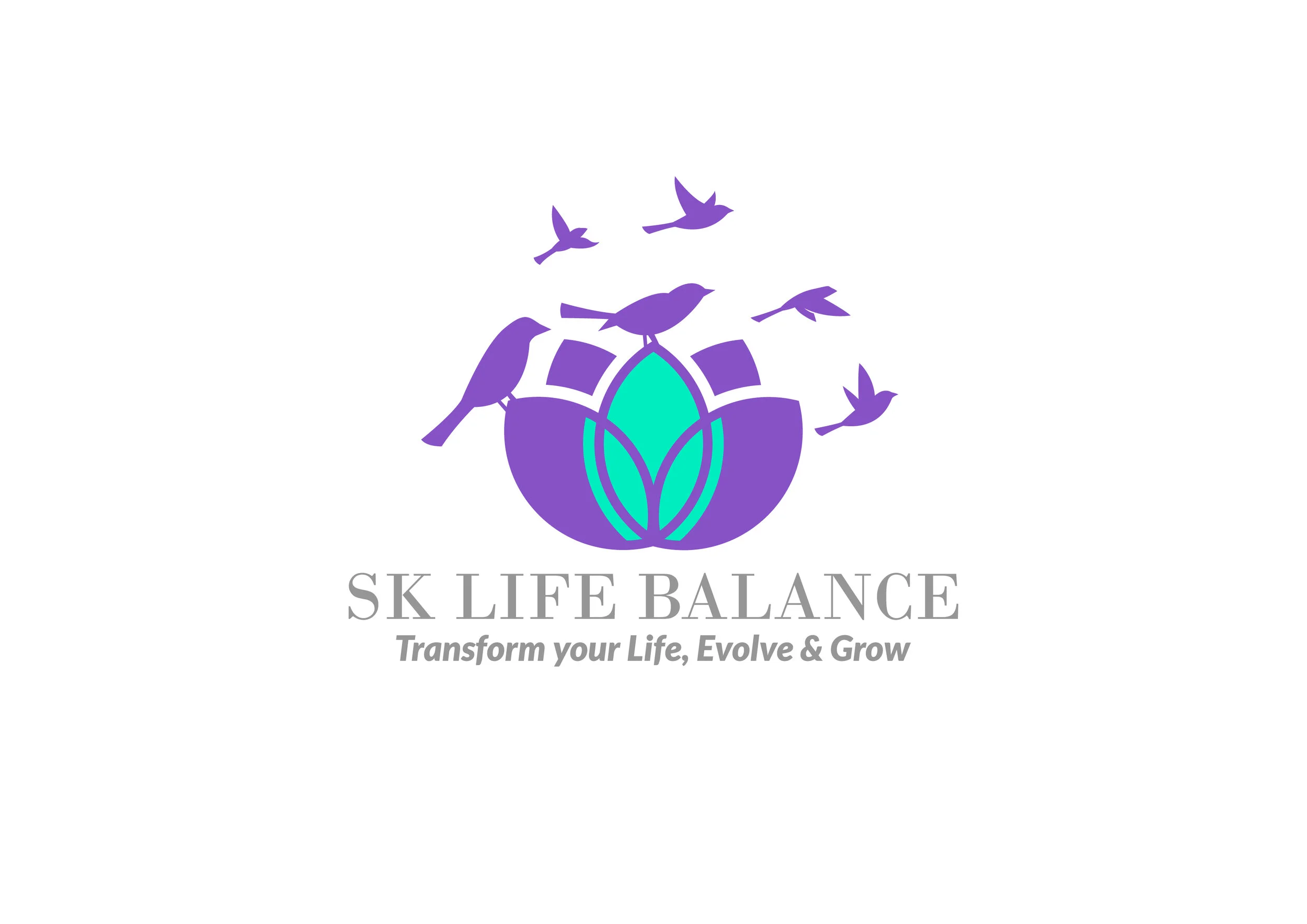 Logo with purple and turquoise lotus flower and five purple birds flying above it, with text 'SK LIFE BALANCE' and tagline 'Transform your Life, Evolve & Grow'.