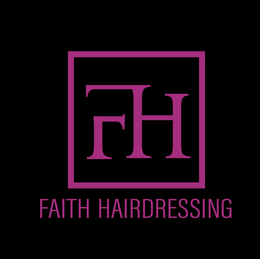 A logo with a purple outline square containing the initials 'FH' in purple, with the words 'FAITH HAIRDRESSING' in purple capital letters underneath on a black background.