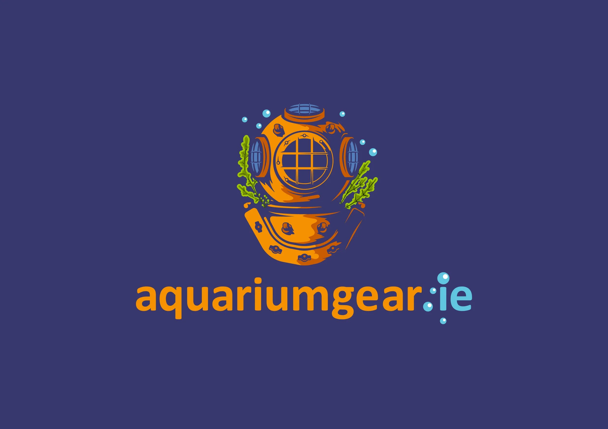 Logo for aquarumgear.ie featuring a vintage diving helmet with green seaweed and bubbles, and the website's name in orange and light blue text.