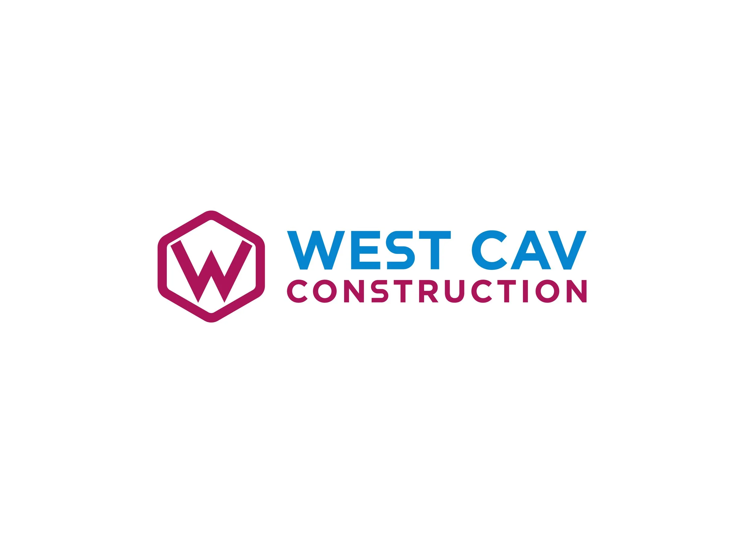 Logo of West Cav Construction with a maroon hexagonal emblem containing a white 'W' and the company name in blue and maroon text.