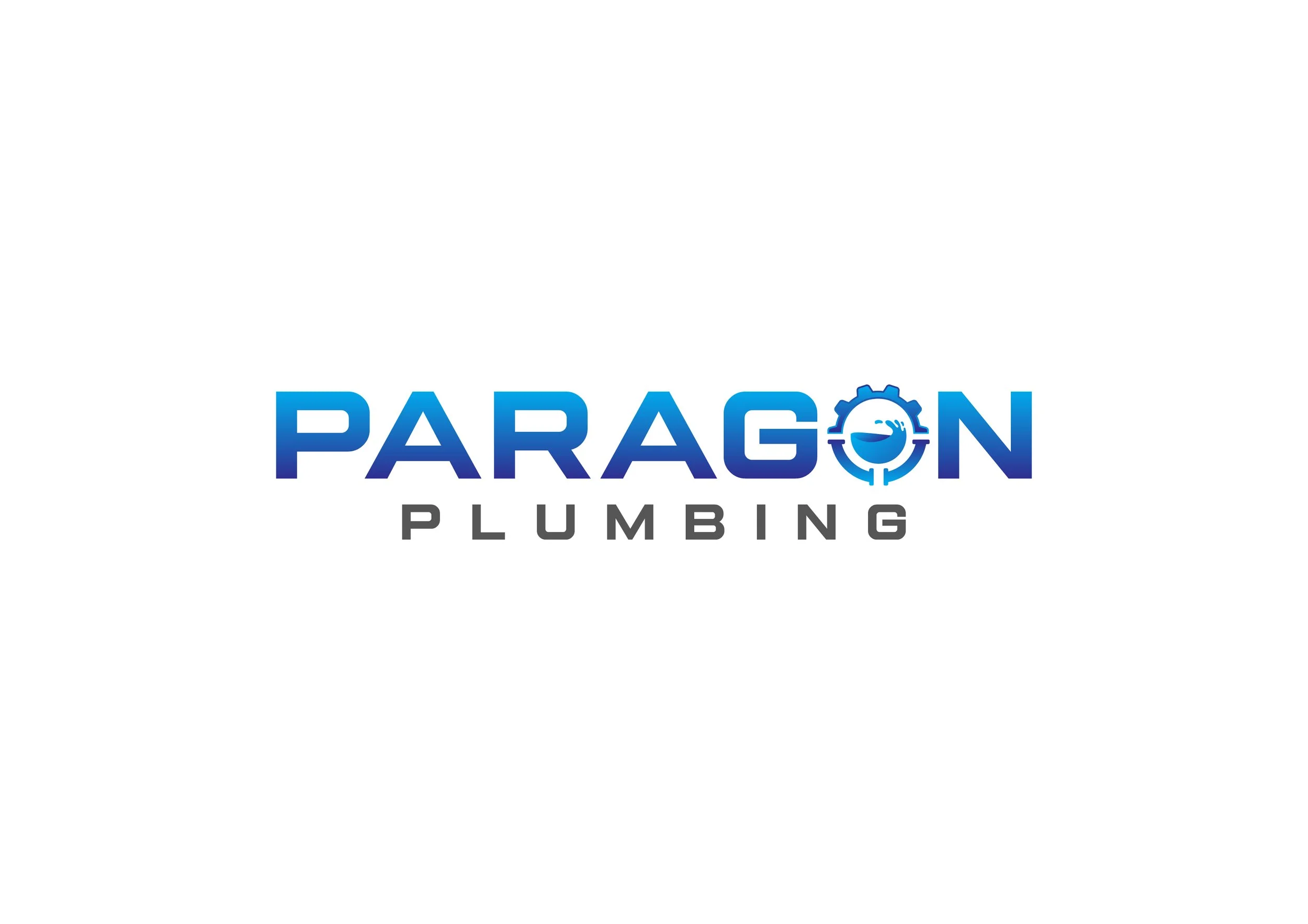 Paragon Plumbing logo featuring the company name in blue and black text with a gear and water icon in place of the letter 'O' in 'Paragon'.