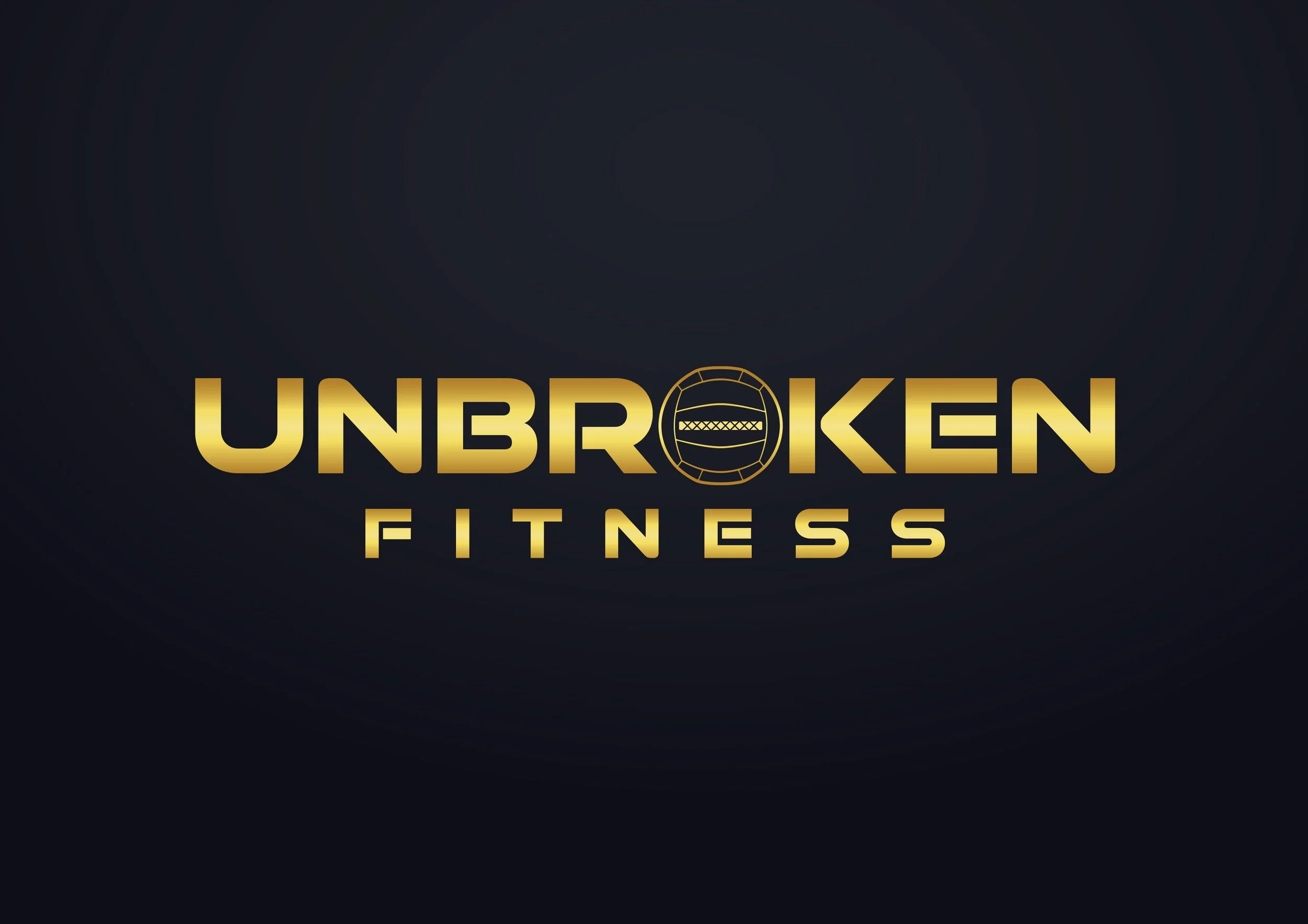 Logo for Unbroken Fitness in gold text on a dark background, with a stylized gym equipment design in the letter 'O'.