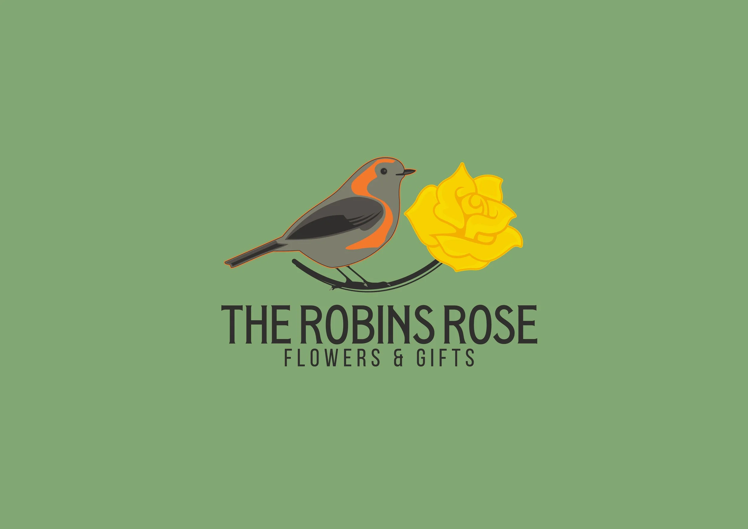 Logo for The Robins Rose Flowers & Gifts featuring a robin perched on a branch with a yellow rose, green background.