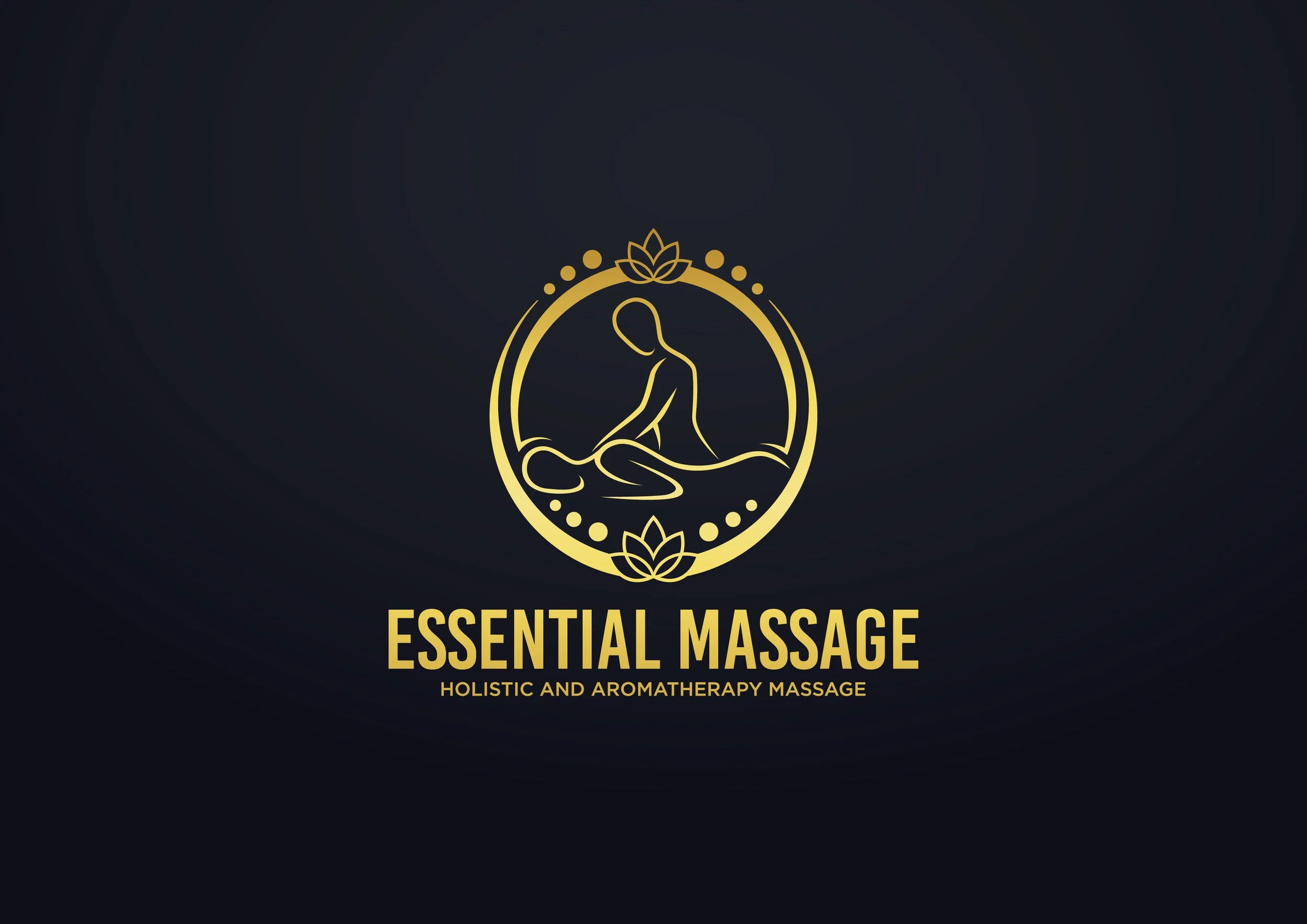 A black background with a gold logo of a person receiving a massage, surrounded by a circular decorative border with lotus flowers; text reads 'Essential Massage, Holistic and Aromatherapy Massage'.