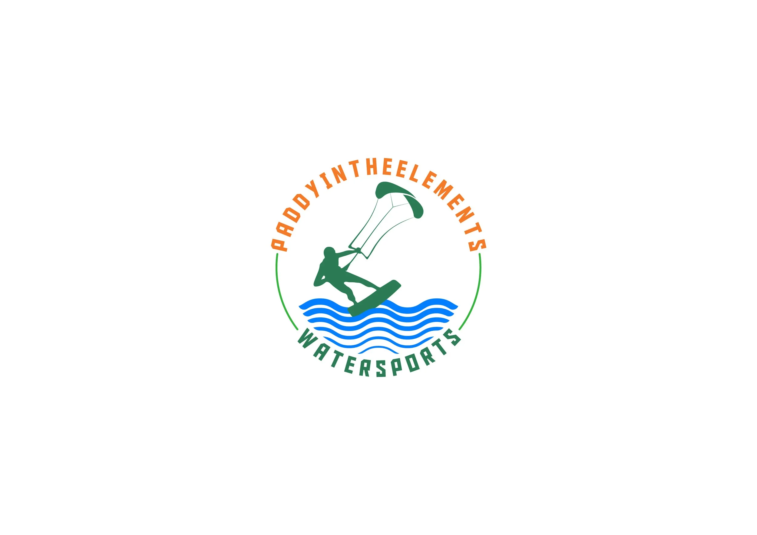 A logo for watersports featuring a person wakeboarding with a parasail, water waves, and the text 'PADOY IN THE ELEMENTS WATERSPORTS' in a circular arrangement.