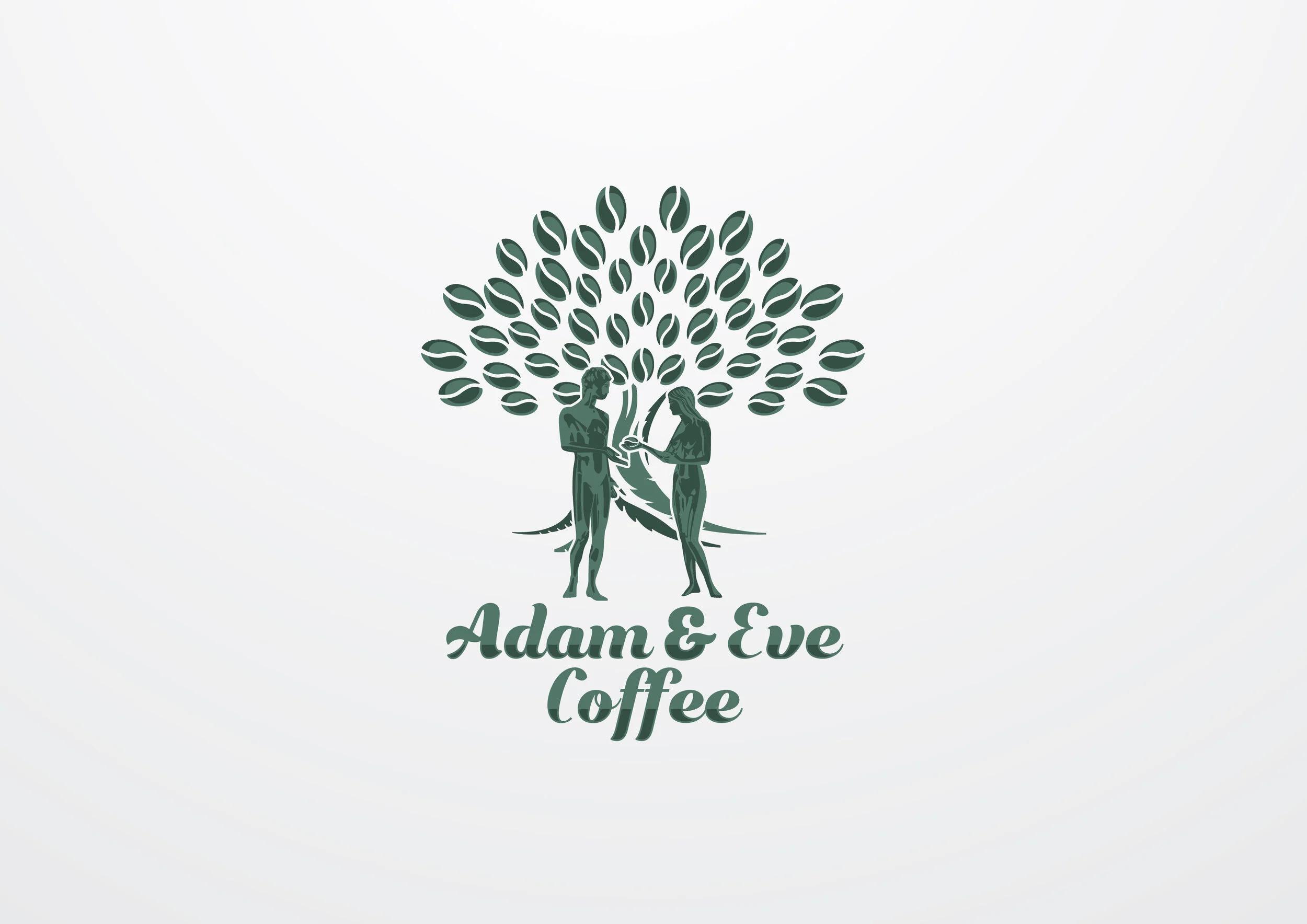 A logo for Adam & Eve Coffee featuring two outlined human figures standing under a large stylized tree with coffee beans as leaves, and the text 'Adam & Eve Coffee' beneath.