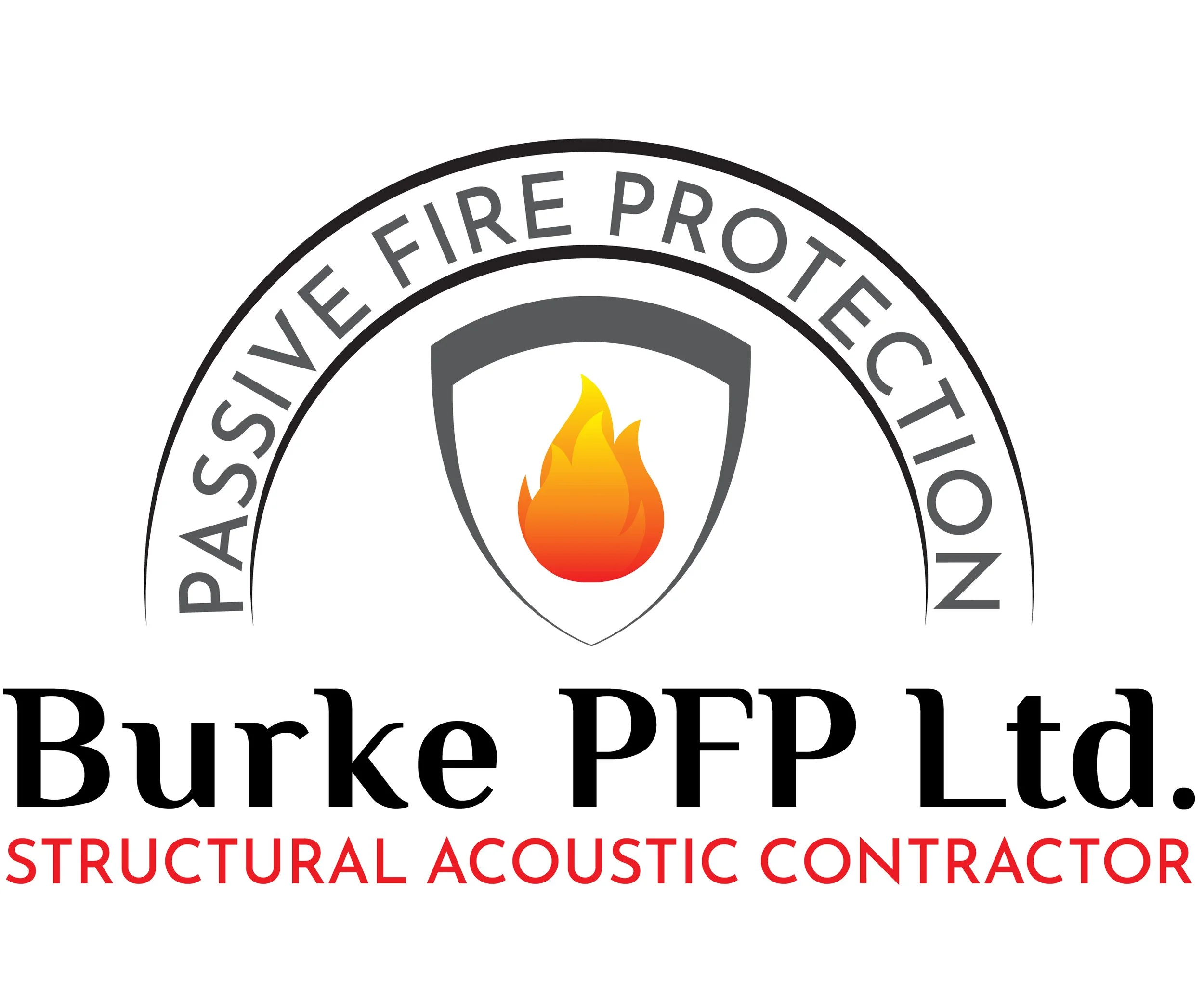 Logo of Burke PFP Ltd., a structural acoustic contractor, featuring a shield with a flame inside, and text indicating certification by the Passiv Fire Protection