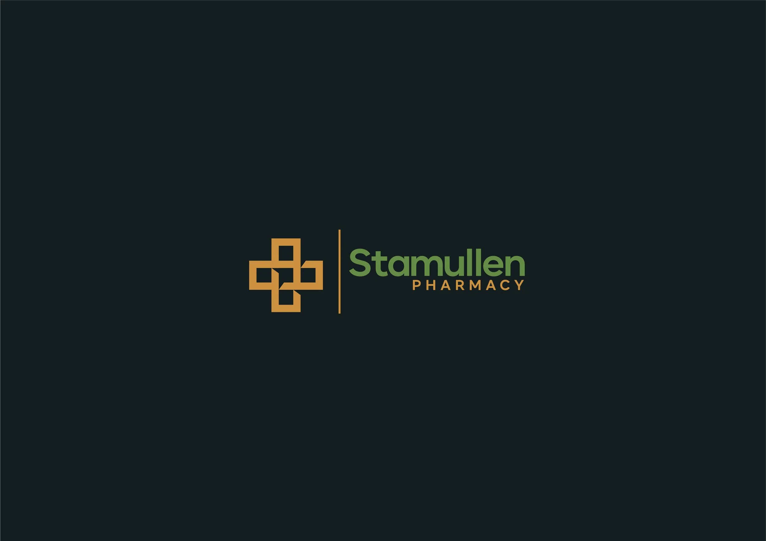 Stamullen Pharmacy logo with a stylized cross symbol in gold and green text on a dark background.