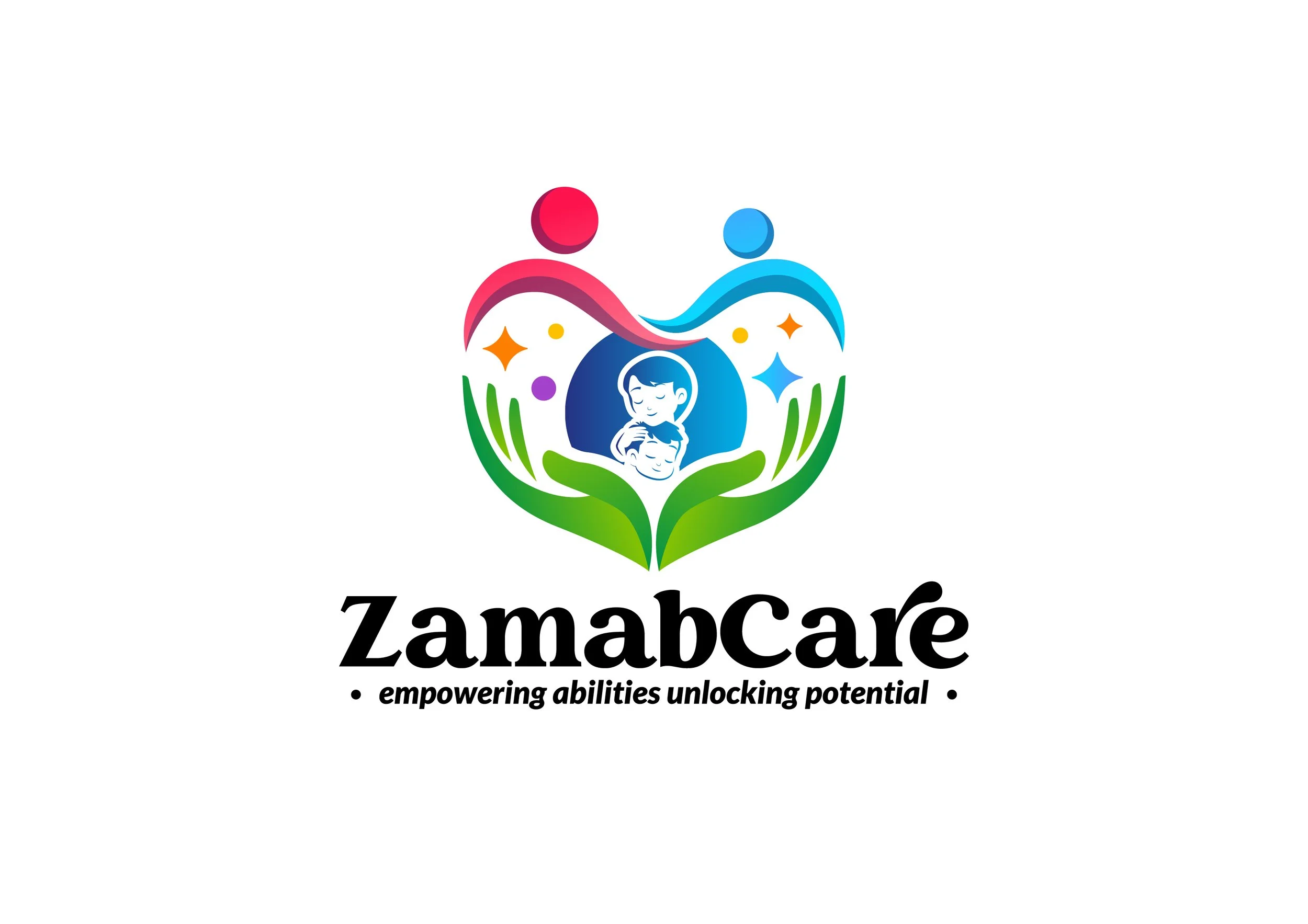 A colorful logo for ZamaCare featuring two stylized people, one red and one blue, holding hands, surrounded by stars, and green hands forming a heart shape around a mother and child illustration. The tagline reads 'empowering abilities unlocking pote