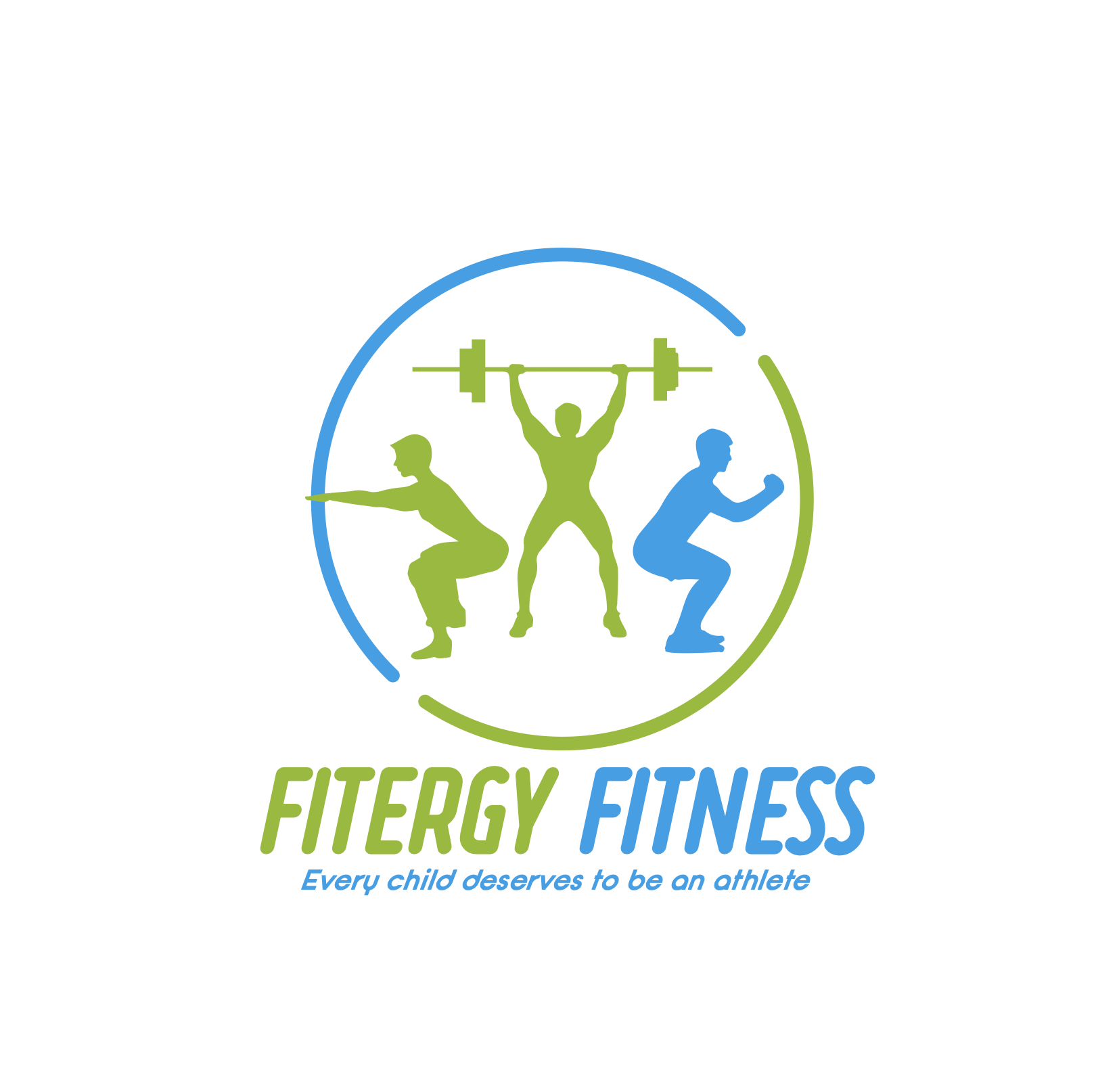 Logo for Fitergy Fitness featuring silhouettes of children performing squats and lifting a barbell, with the text "FITERGY FITNESS" and the tagline "Every child deserves to be an athlete."