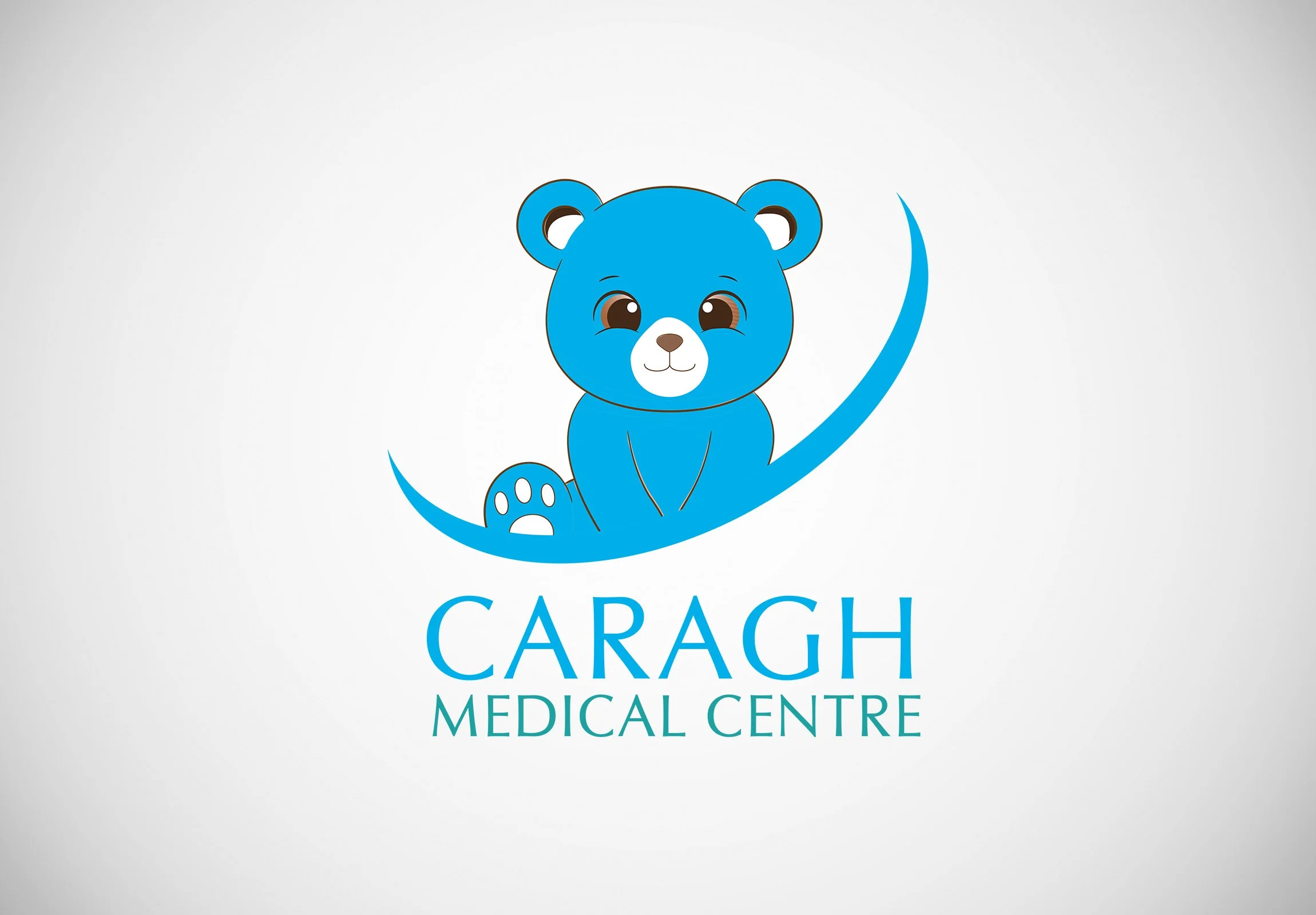 Logo of Caragh Medical Centre featuring a cute blue cartoon bear with one eye winking, sitting and smiling, with the name of the medical center below.
