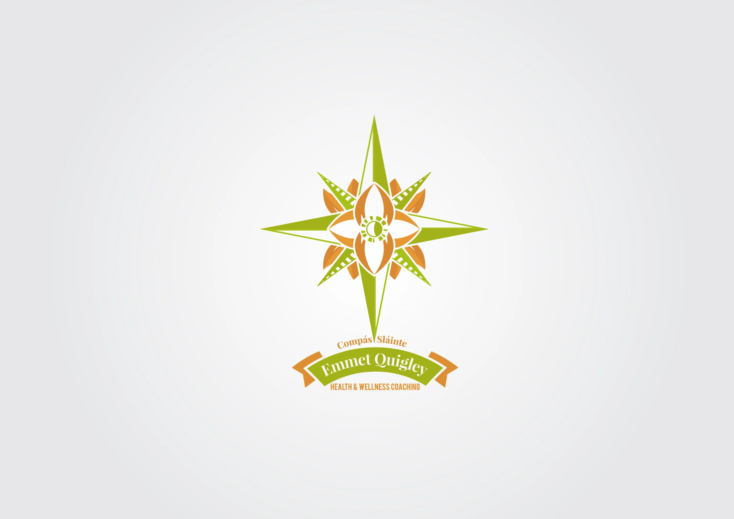 A stylized compass rose with a floral centerpiece in shades of green, orange, and white, above a green and orange banner reading "Emmet Quigley" and smaller text "Health & Wellness Coaching".