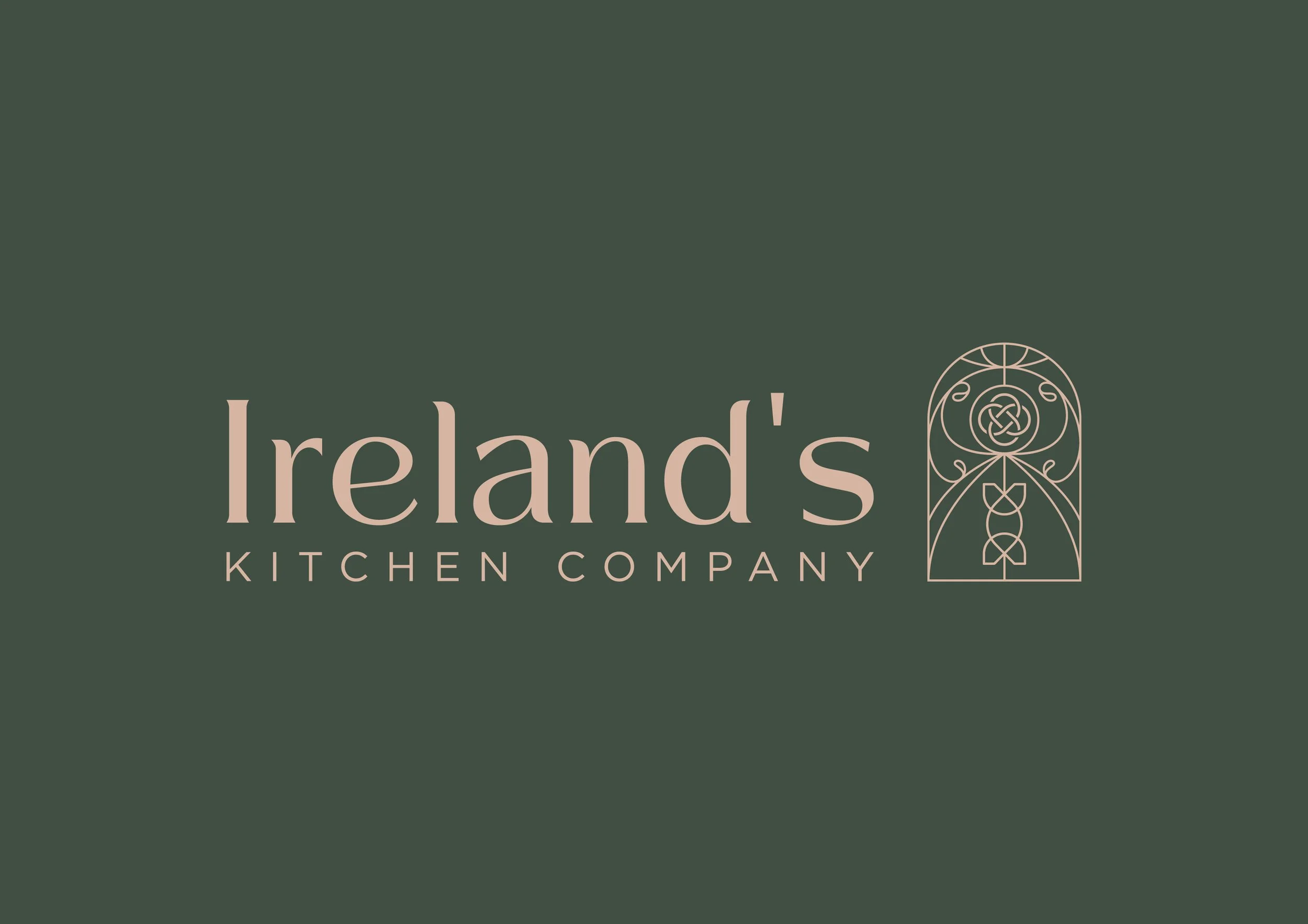 The logo of Ireland's Kitchen Company featuring the text and an ornamental design resembling a stained glass window.