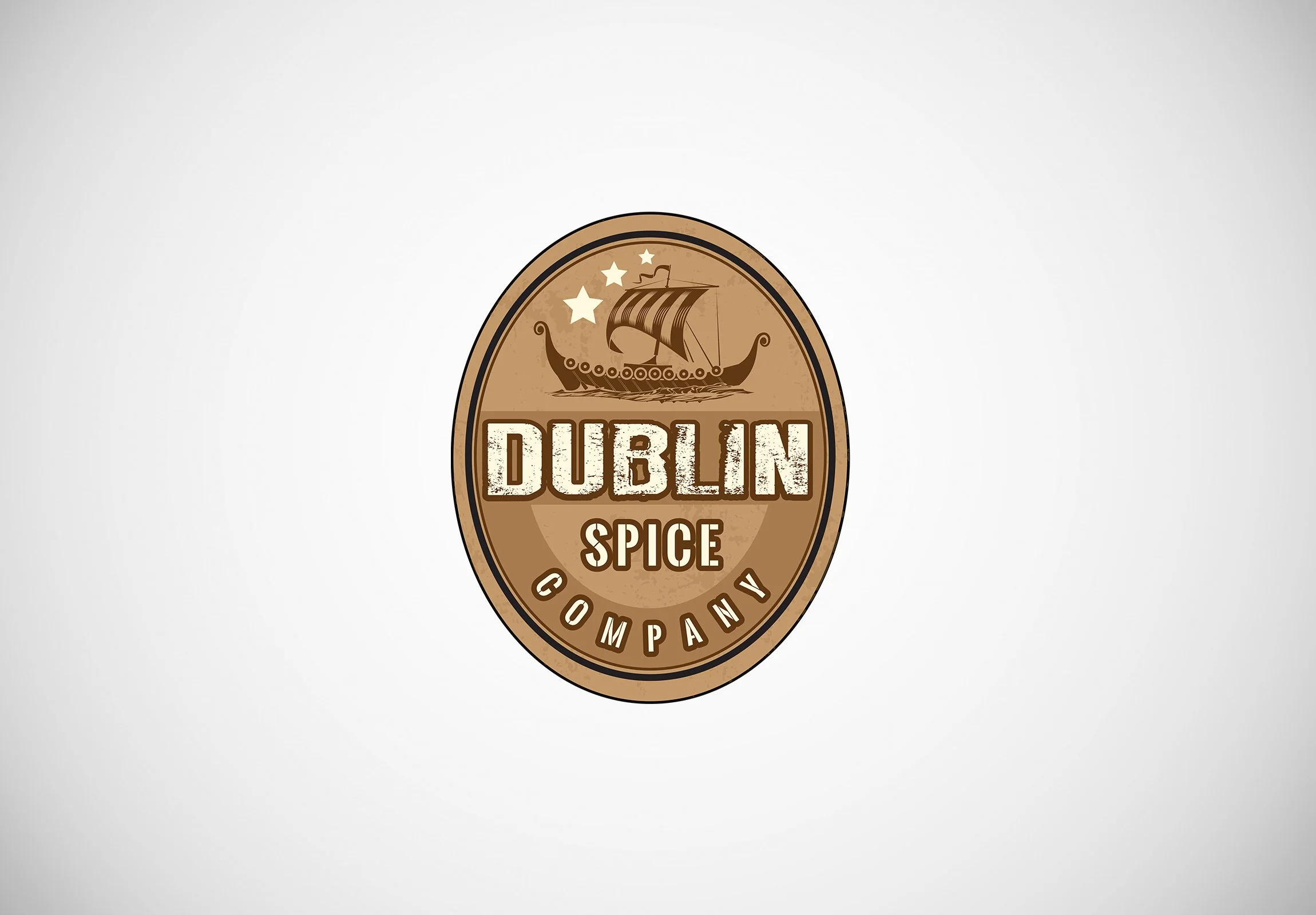 A logo for Dublin Spice Company featuring a Viking ship and three stars on a brown oval background.