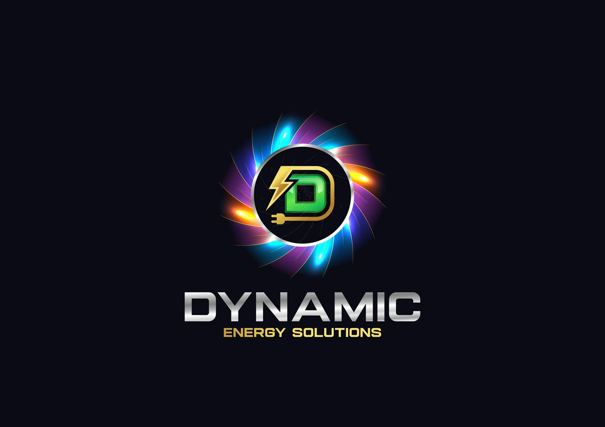 Logo for Dynamic Energy Solutions featuring a stylized electric plug with a lightning bolt and the letter D, surrounded by colorful light streaks on a dark background, with text underneath reading 'DYNAMIC ENERGY SOLUTIONS'.