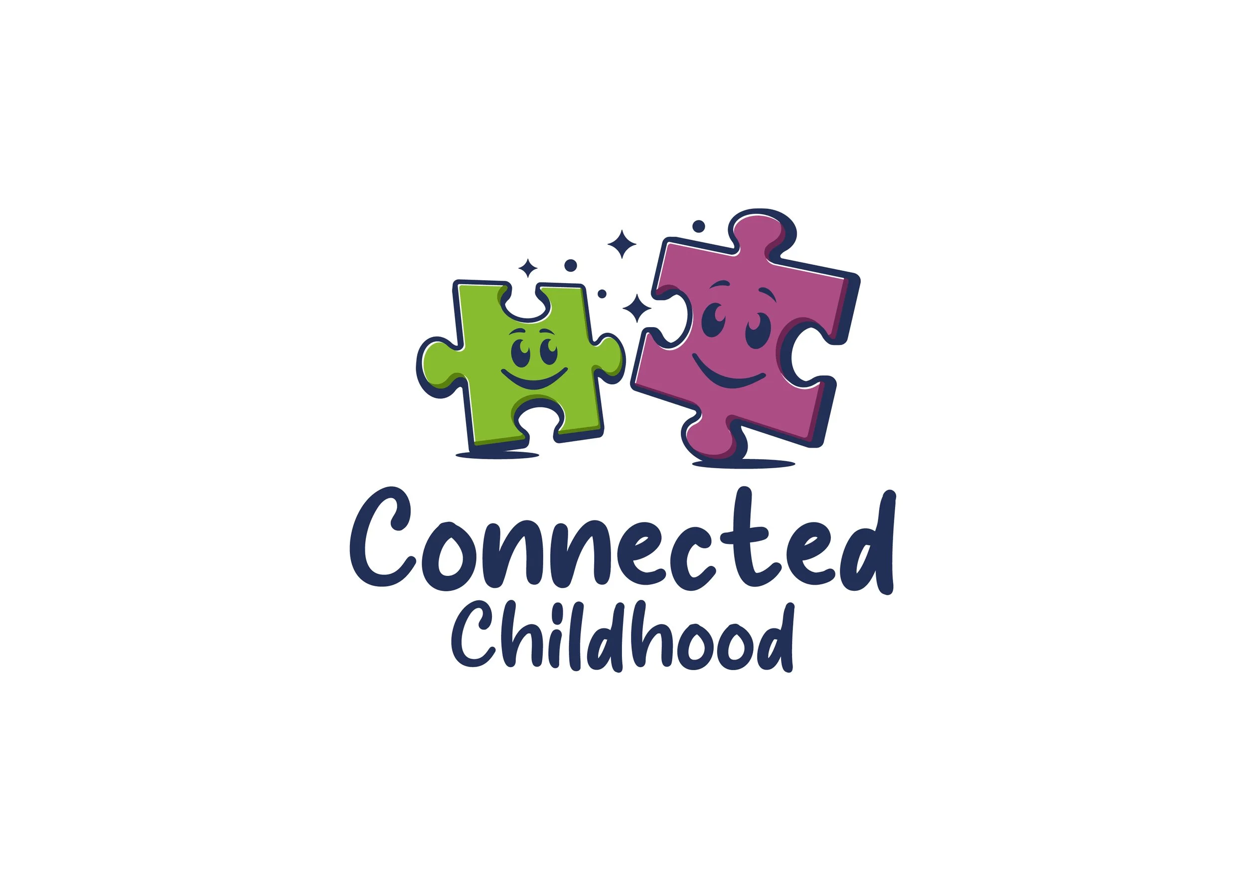 Two cartoon puzzle pieces, one green and one purple, with smiling faces and the words "Connected Childhood" underneath.