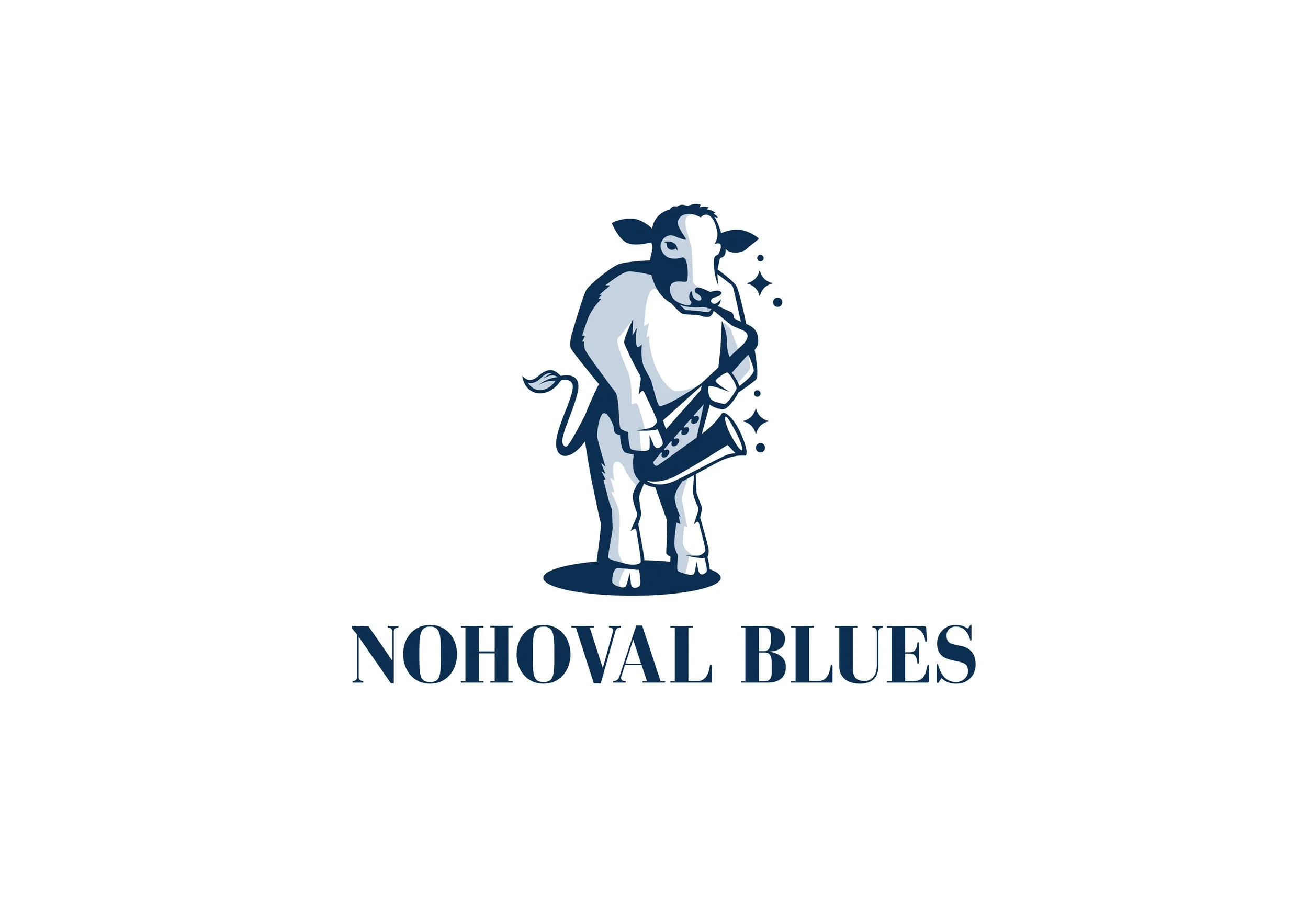 Logo of Nohoval Blues featuring a cartoon cow playing a saxophone, with stars around it, and the text 'NOHOVAL BLUES' below.