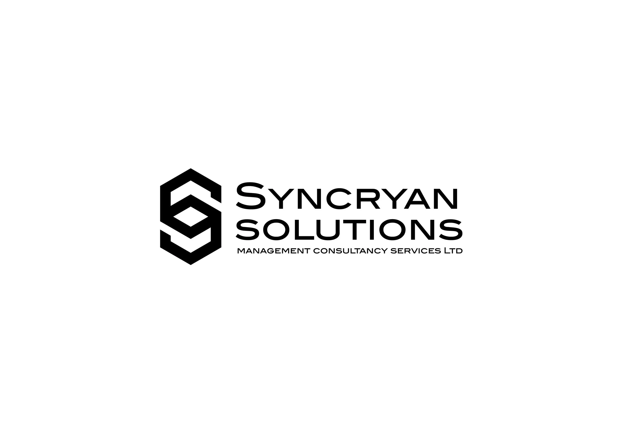 Logo for Syncryan Solutions, featuring a black hexagonal emblem and text in black, with 'Management Consultancy Services Ltd' written below.