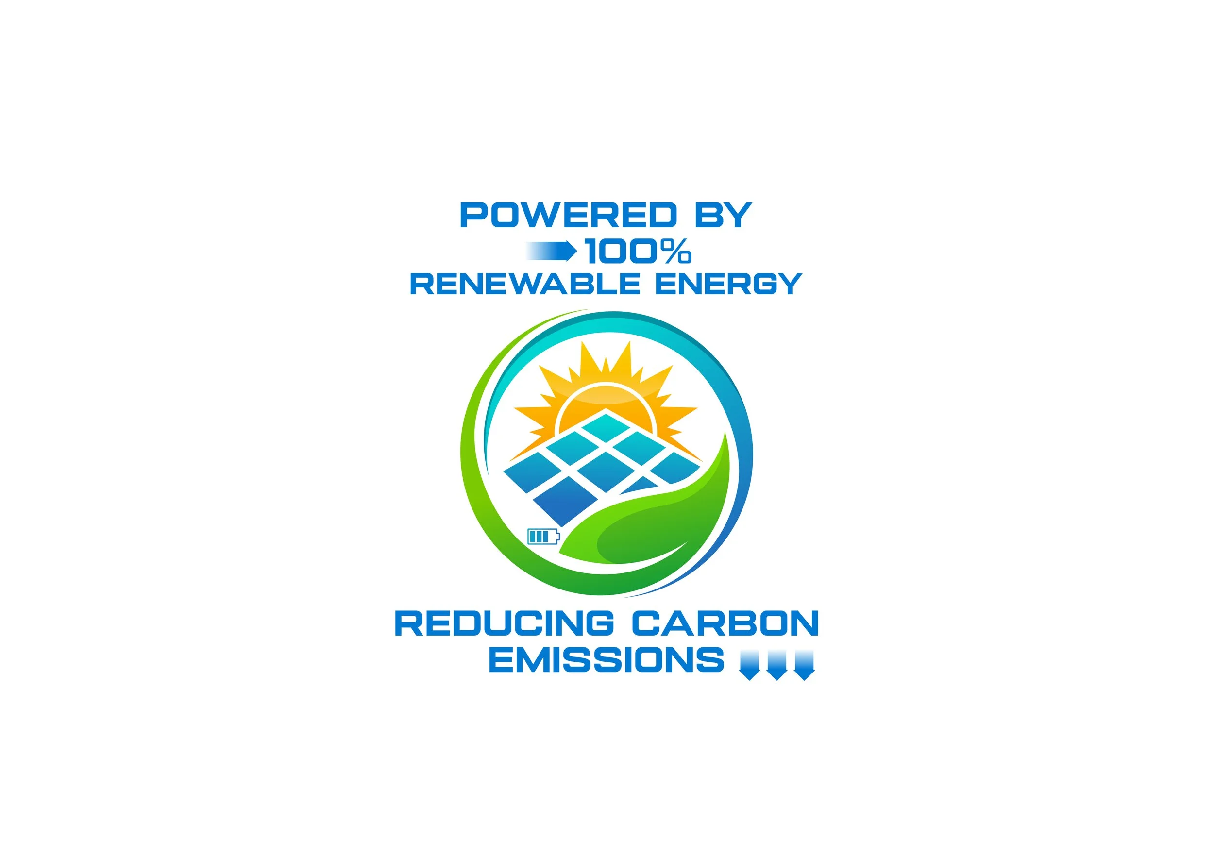 Symbolic image with solar panels and a sun, indicating renewable energy, with text stating 'Powered by 100% renewable energy,' and arrows emphasizing carbon emission reduction.