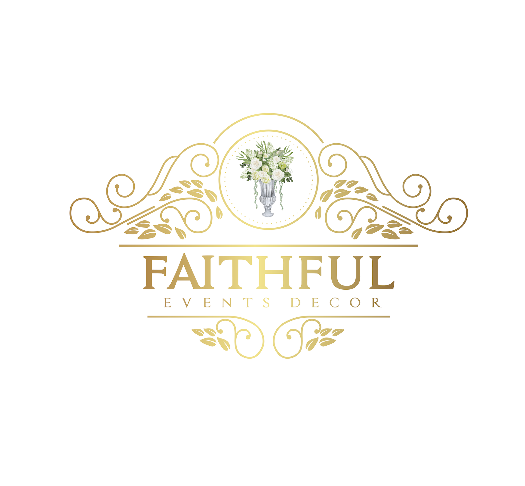 Logo for Faithful Events Decor featuring a floral arrangement in a silver vase, ornate gold decorative elements, and gold serif text.