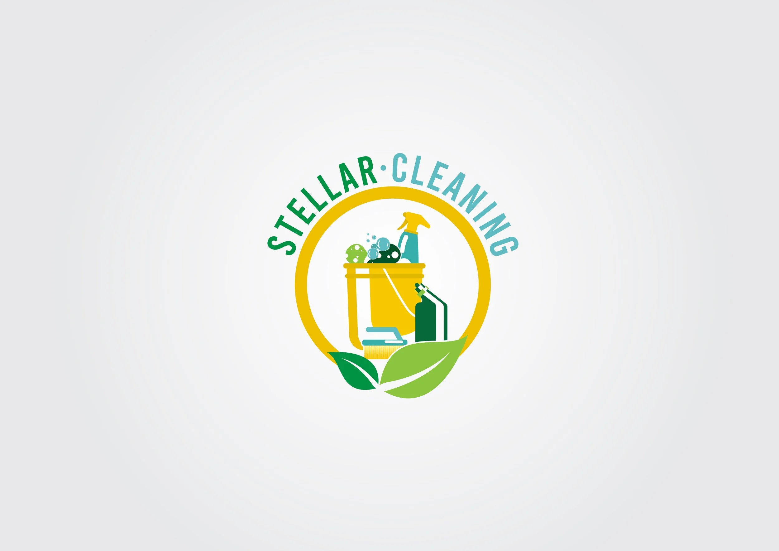 Logo for Sterling Cleaning featuring a yellow bucket with cleaning supplies, a spray bottle, a sponge, and a rope, surrounded by green leaves, with the words 'Sterling Cleaning' in green and blue text.