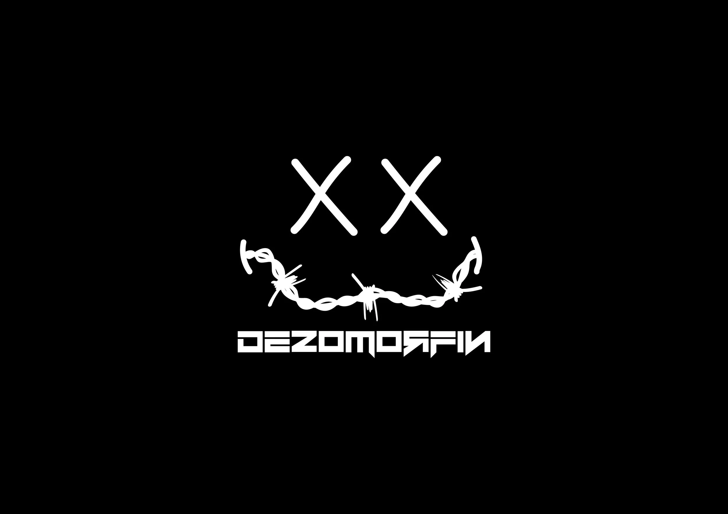 Black background with a white drawn smiley face with X's for eyes, barbed wire forming the mouth, and the word 'DEZOMORFN' written below in stylized font.