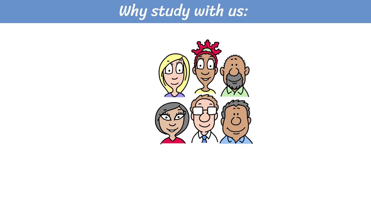A frame from the animated recruitment film Éire Graphic Design made for the University of Limerick School of Modern Languages and Applied Linguistics, showing six hand drawn cartoon faces of students and staff in two rows under a blue banner that reads Why study with us.
